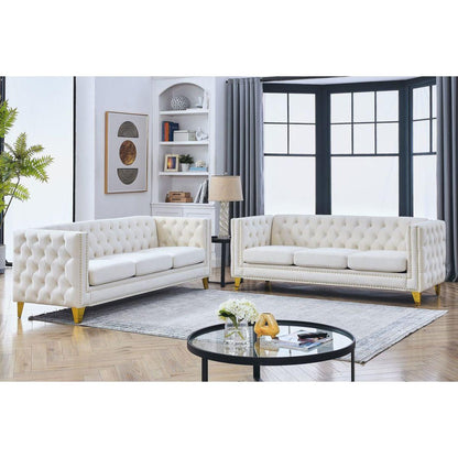 Velvet Sofa for Living Room,Buttons Tufted Square Arm Couch, Modern Couch Upholstered Button and Metal Legs, Sofa Couch for Bedroom, Beige Velvet, 2PCS