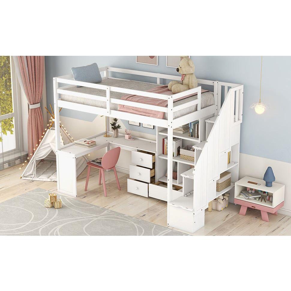 Twin Size Loft Bed with L-Shaped Desk and Drawers, Cabinet and Storage Staircase, White