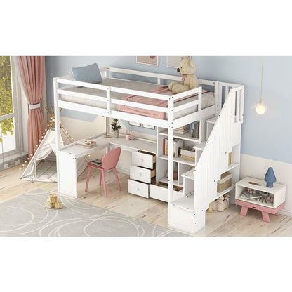 Twin Size Loft Bed with L-Shaped Desk and Drawers, Cabinet and Storage Staircase, White