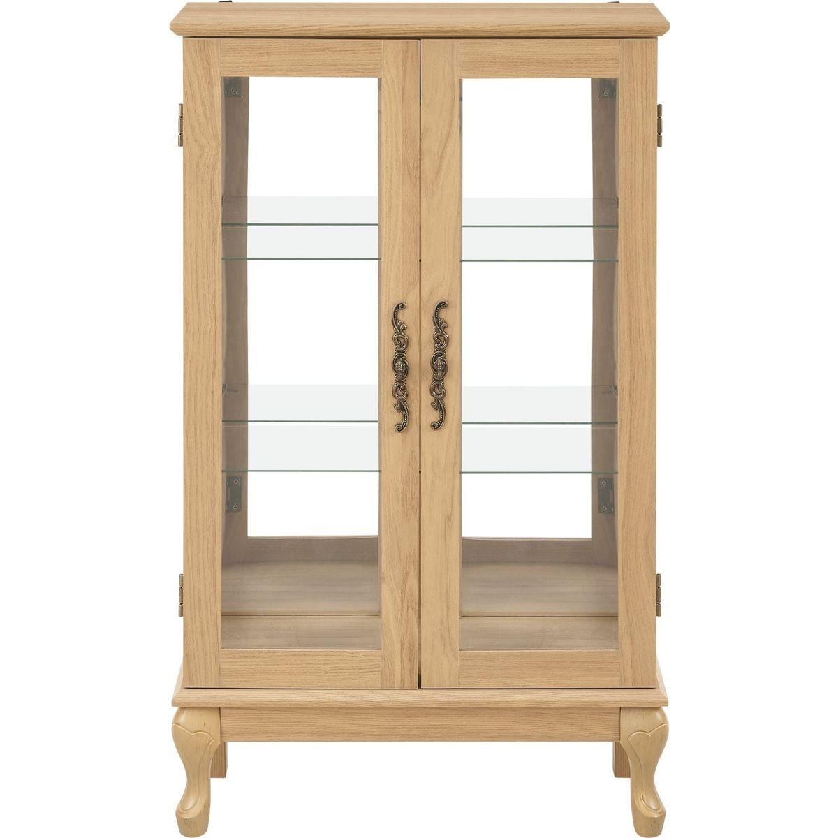 2 Doors Curio Cabinet with Tempered Glass Doors, Curio Cabinets with Mirrored Back Panel and Adjustable Shelves, Lighted Display Cabinet for Home, Office Light Bulb Included OAK