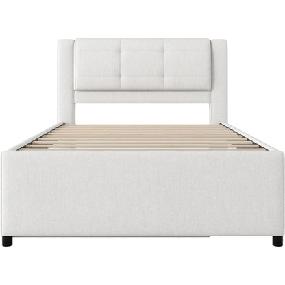 Full Size Upholstery platform bed with Trundle,Trundle can be flat or erected, Beige
