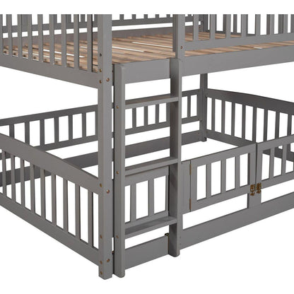 Bunk Bed with Slide,Full Over Full Low Bunk Bed with Fence and Ladder for Toddler Kids Teens Gray