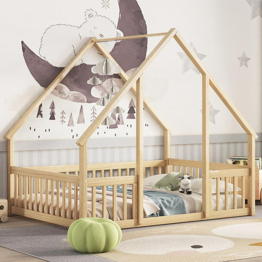 Full Wood House-Shaped Floor Bed with Fence, Guardrails,Natural
