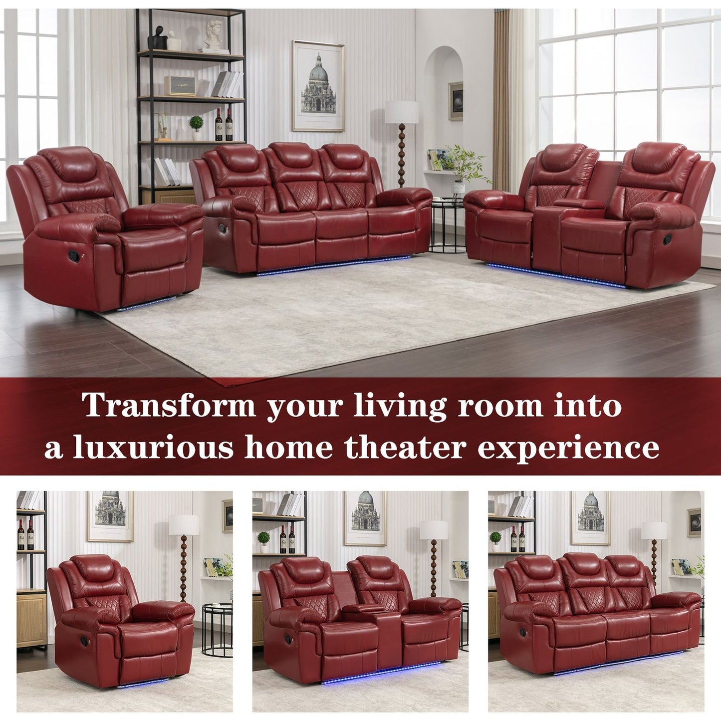 Home Theater Seating Manual Recliner Chair with LED Light Strip for Living Room,Bedroom, Wind Red