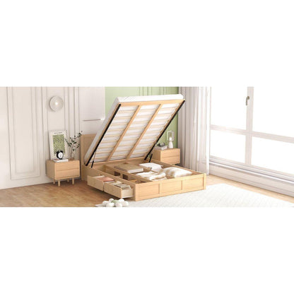 Queen Size Wood Platform Bed with Underneath Storage and 2 Drawers, Wood Color