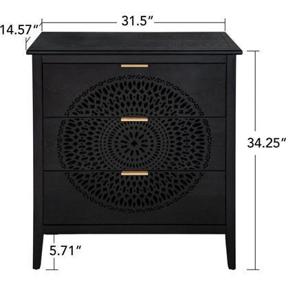 3 Drawer Cabinet with Hollow-Carved 3 Drawer Dresser Storage Chest with Metal Handles For Entryway Living Room Bedroom