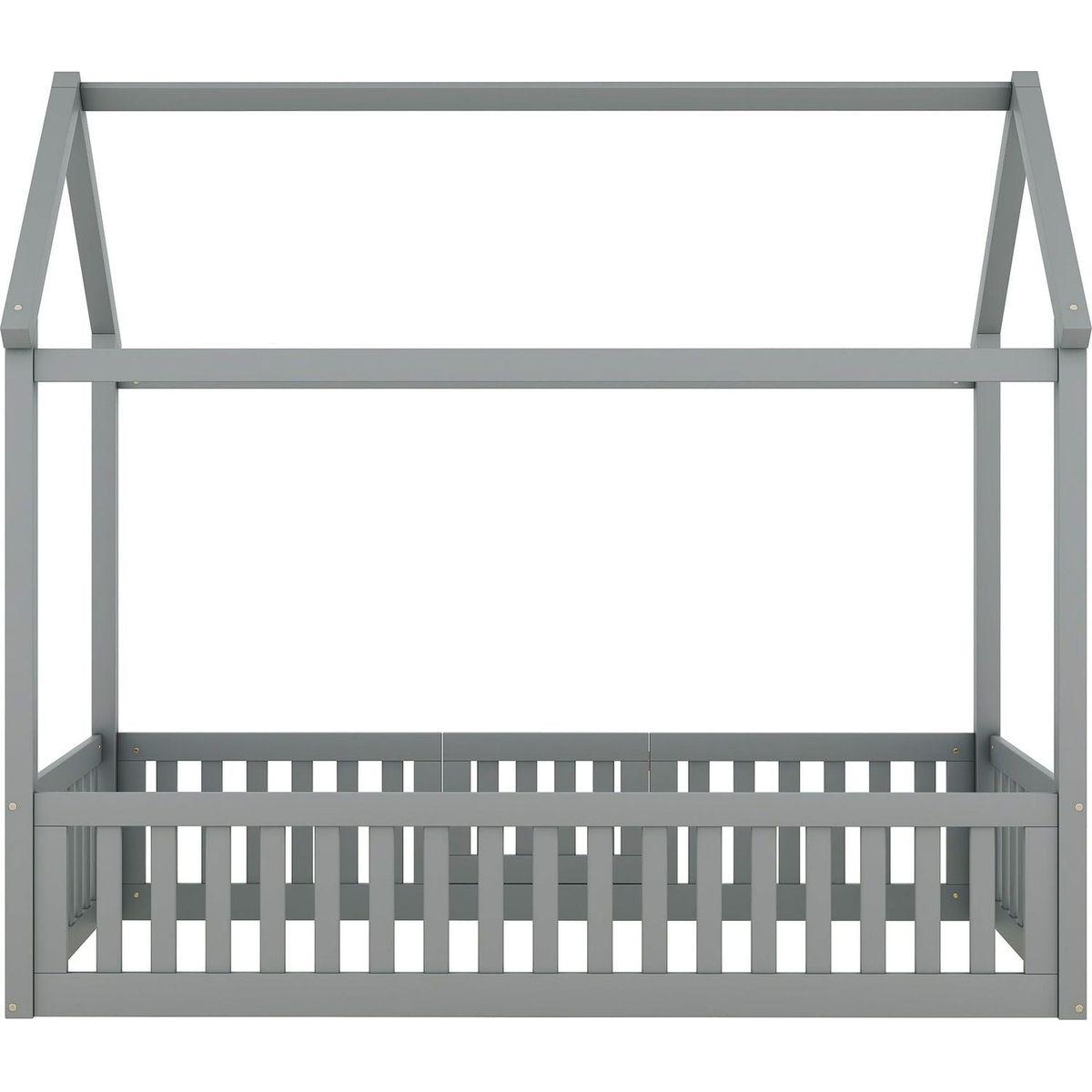 Twin Size Wood House Bed with Fence and Door, Gray