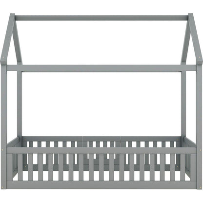 Twin Size Wood House Bed with Fence and Door, Gray