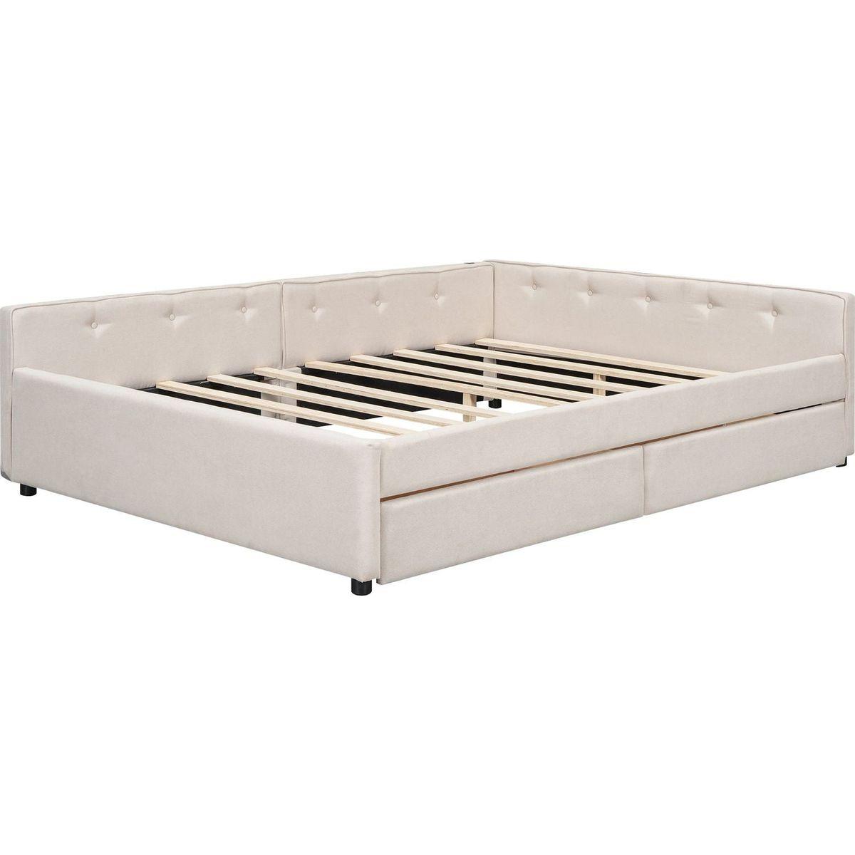 Queen Size Upholstered Platform Bed with USB and 2 Drawers, Beige