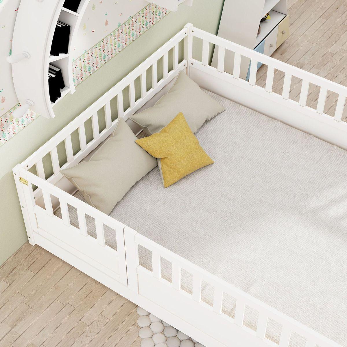 Full size Floor bed, integral construction with super high security barrier, door, children's floor bed frame, Montessori wooden children's floor bed, Support slat white - Streamdale Furniture