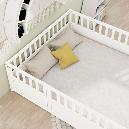 Full size Floor bed, integral construction with super high security barrier, door, children's floor bed frame, Montessori wooden children's floor bed, Support slat white - Streamdale Furniture