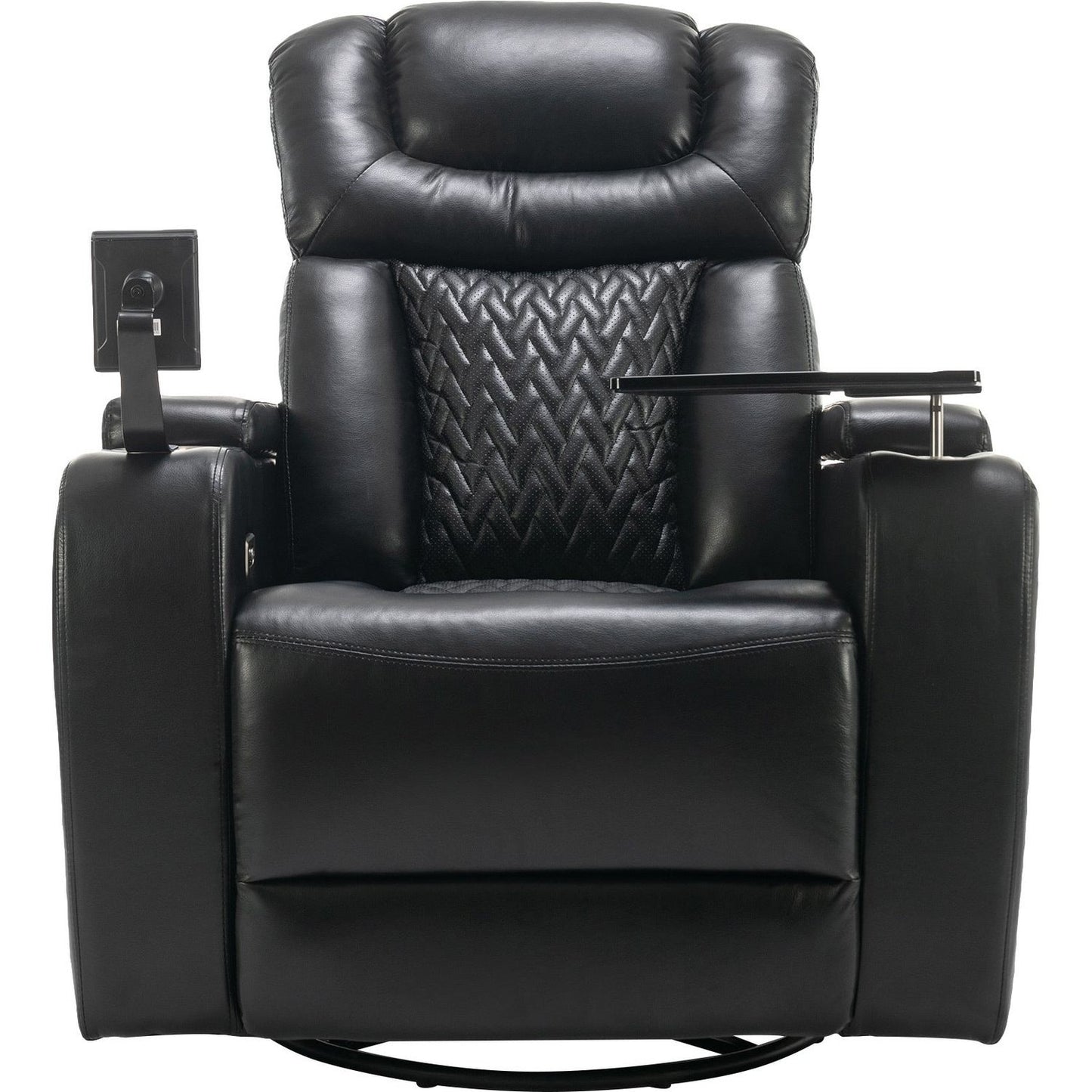 270 Degree Swivel PU Leather Power Recliner Individual Seat Home Theater Recliner with Comforable Backrest, Tray Table, Phone Holder, Cup Holder, USB Port, Hidden Arm Storage for Living Room, Black