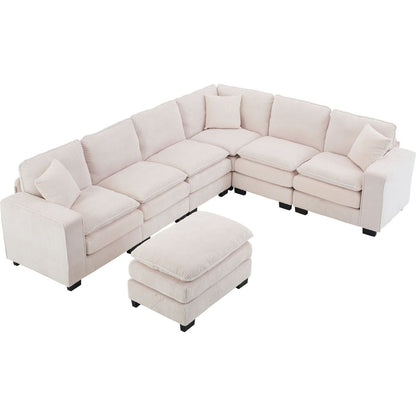 Modern U Shaped 6-seat Sectional Sofa Couch with one Ottoman and three toss pillows, Modular Sofa for Living Room,Corduroy sofa