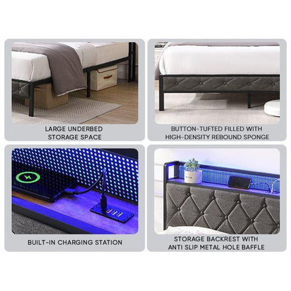 Full Bed Frame with Storage Headboard, Charging Station and LED Lights, Upholstered Platform Bed with Heavy Metal Slats, No Box Spring Needed, Noise Free, Easy Assembly, Dark Gray