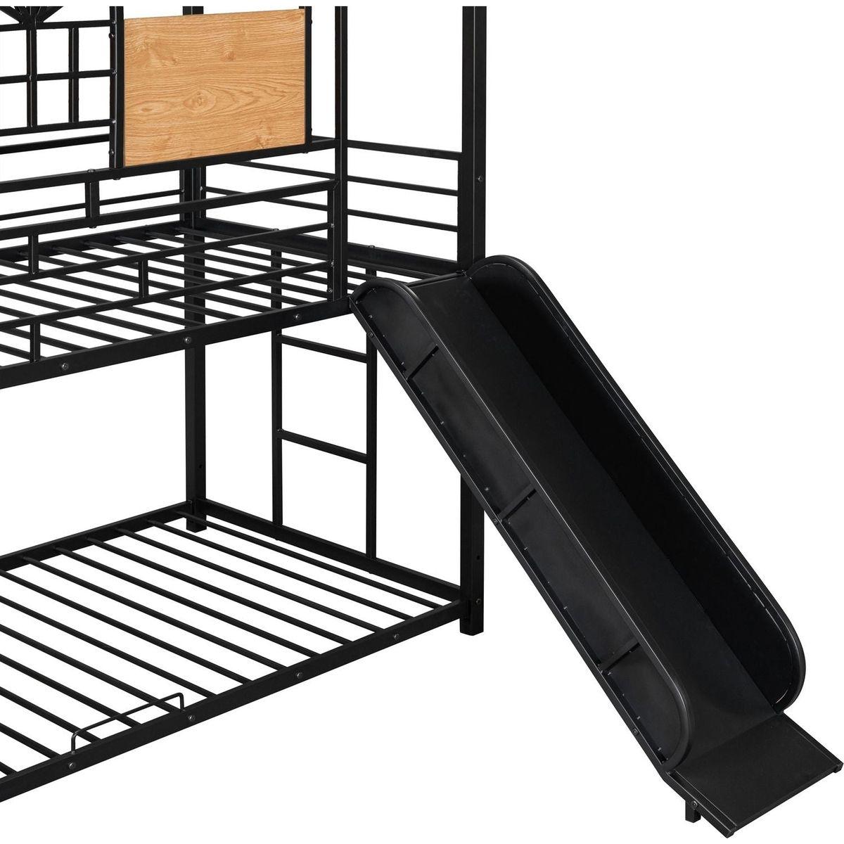 Twin Over Twin Metal Bunk Bed, Metal Housebed with Slide and Storage Stair, Black with Black Slide
