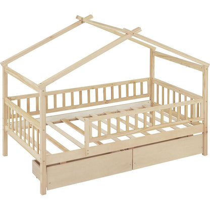 Twin Size Wooden House Bed with Two Drawers, Natural