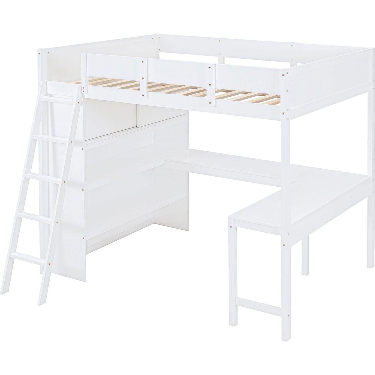 Full Size Loft Bed with Desk and Shelf - White