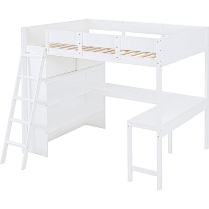 Full Size Loft Bed with Desk and Shelf - White