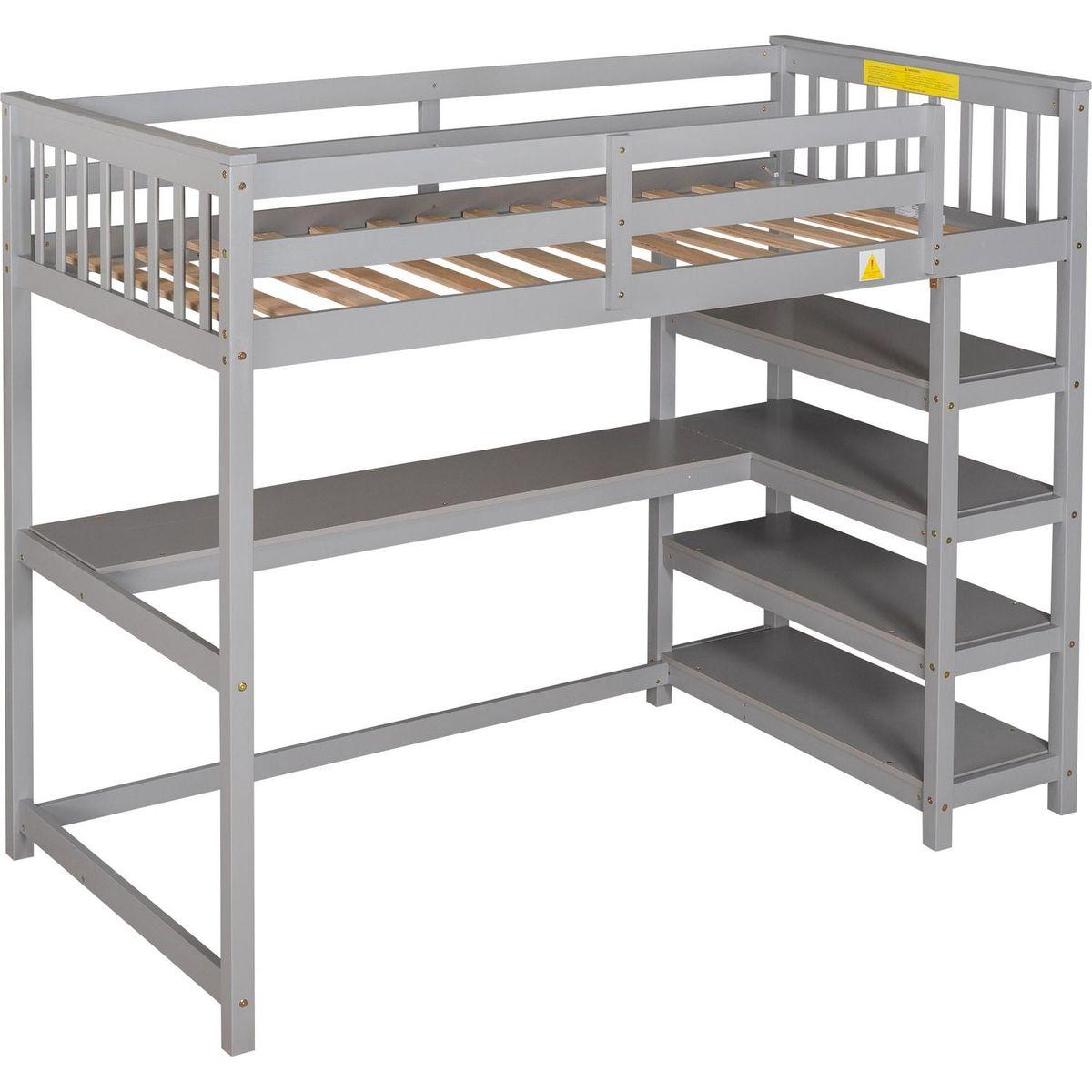 Twin Size Loft Bed with Storage Shelves and Under-bed Desk, Gray
