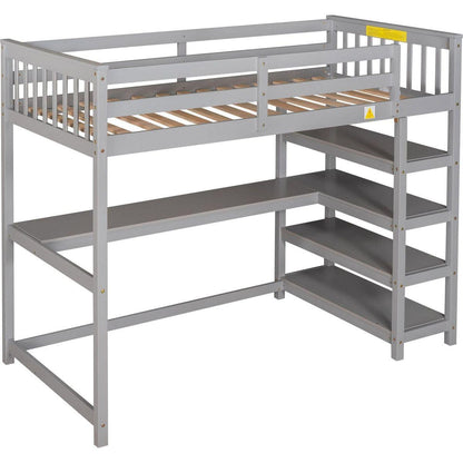 Twin Size Loft Bed with Storage Shelves and Under-bed Desk, Gray