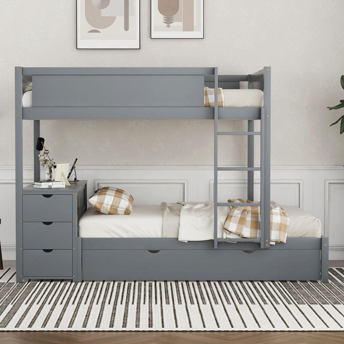 Full-Over-Full Bunk Bed with Twin size Trundle, Storage and Desk, Gray