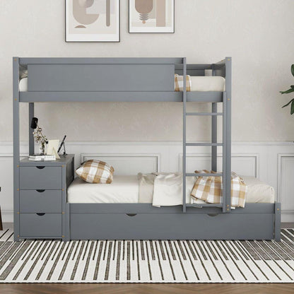 Full-Over-Full Bunk Bed with Twin size Trundle, Storage and Desk, Gray