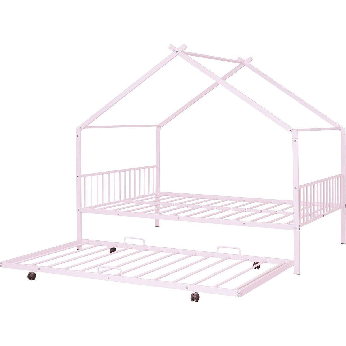 Full Size Metal House Bed with Twin Size Trundle, Pink