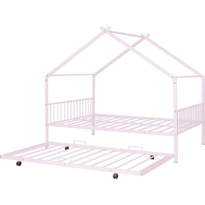 Full Size Metal House Bed with Twin Size Trundle, Pink