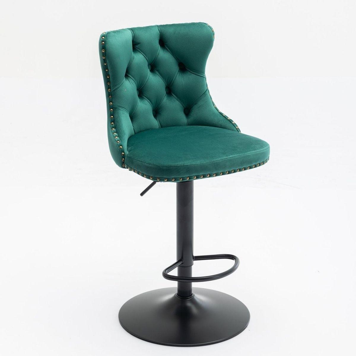 Swivel Velvet Barstools Adjusatble Seat Height from 25-33 Inch,17.7inch base, Modern Upholstered Bar Stools with Backs Comfortable Tufted for Home Pub and Kitchen Island,Green,Set of 2