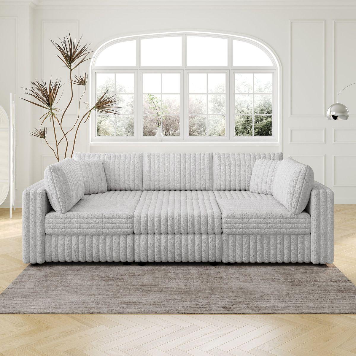 106.3' Soft  U-shaped 6-Person Sofa. Matches 30.7' Ottoman with Hydraulic Lift. Comfortable & Stylish. For Bedroom & Living Room. Light Gray. Modern Furniture. Modular Design.