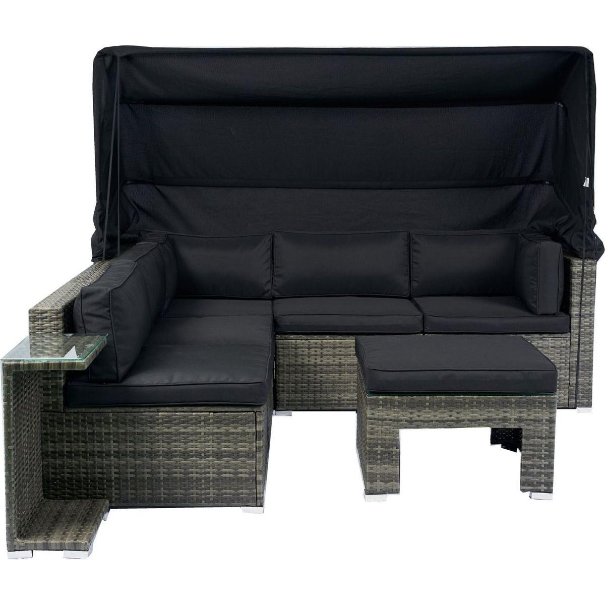 7-Piece Patio Furniture Set w/Retractable Canopy Wicker Rattan Sectional Sofa Set Patio Furniture with Washable Cushions for Lawn, Garden, Backyard, Poolside Grey wicker + Black Cushion