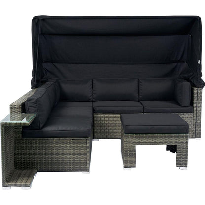 7-Piece Patio Furniture Set w/Retractable Canopy Wicker Rattan Sectional Sofa Set Patio Furniture with Washable Cushions for Lawn, Garden, Backyard, Poolside Grey wicker + Black Cushion