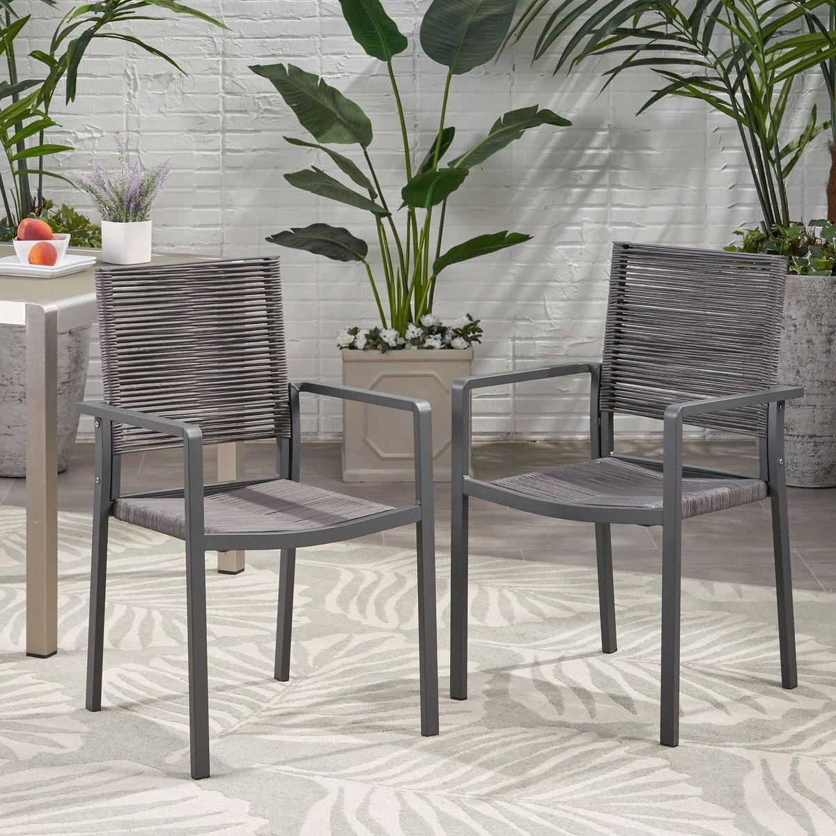 Outdoor Modern Aluminum Dining Chair with Rope Seat (Set of 2), Gray and Dark Gray - Streamdale Furniture