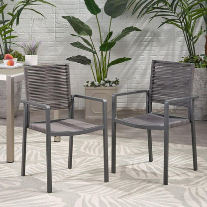 Outdoor Modern Aluminum Dining Chair with Rope Seat (Set of 2), Gray and Dark Gray - Streamdale Furniture