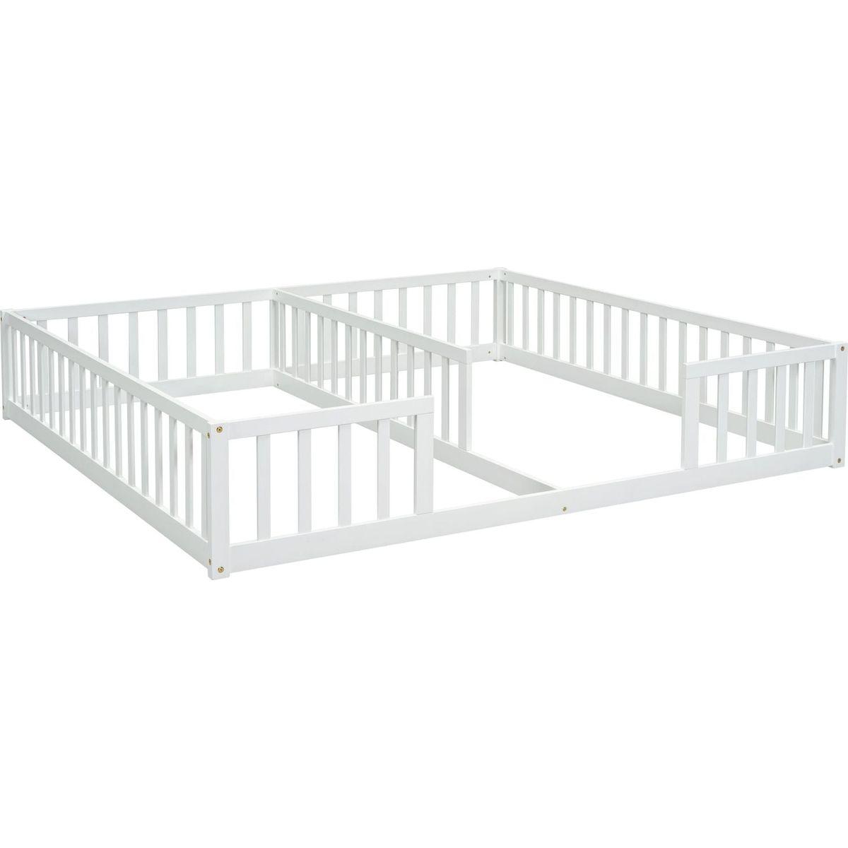 Double Twin Floor Bed with Fence, Guardrails, without door, White
