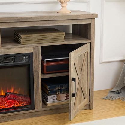 Farmhouse TV Media Stand, Large Barn Inspired Home Entertainment Console, with 18" Fireplace Insert, for TV Up to 65", with Open Shelves and Closed Cabinets, Gray Wash 57.87x15.75x30.31