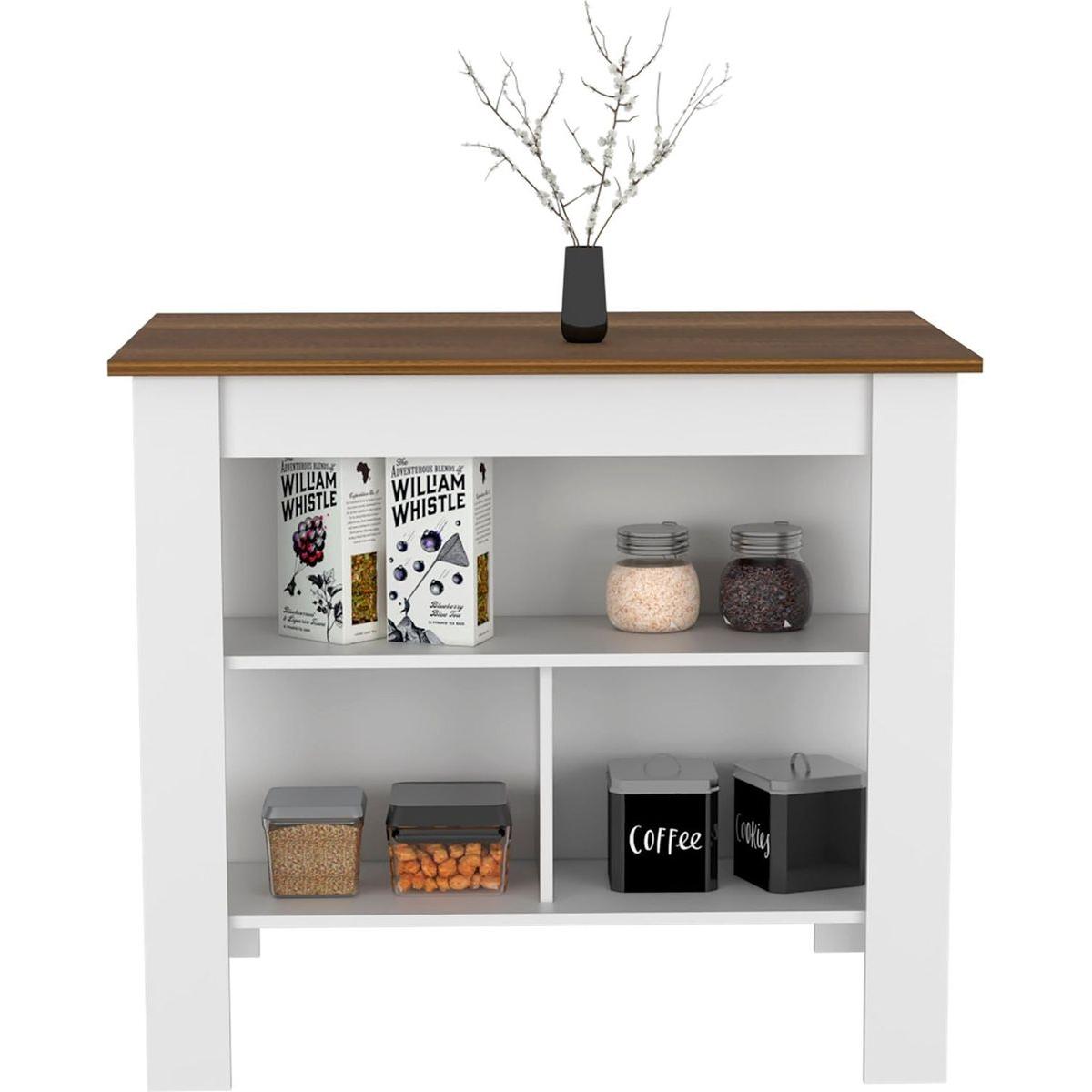 Kitchen Island, kitchen table 35" H, Four Legs, Three Open Storage Shelves, White / Walnut