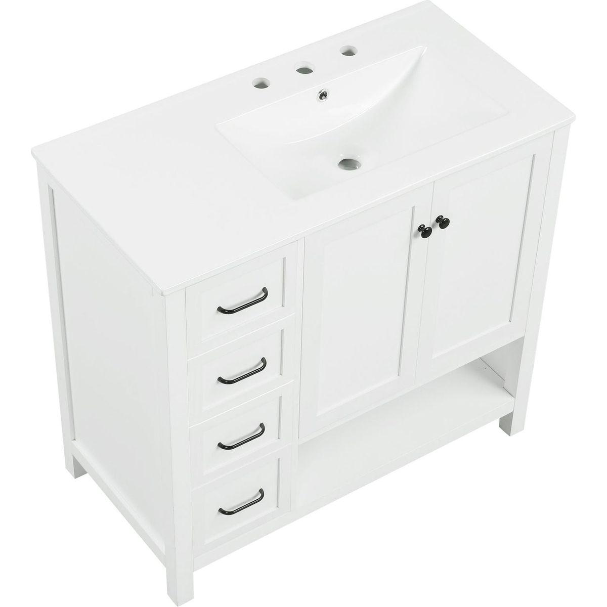 36" Bathroom Vanity with Sink Top, Bathroom Vanity Cabinet with Two Doors and Two Drawers, Solid Wood, Open shelf, MDF Boards, One Package, White