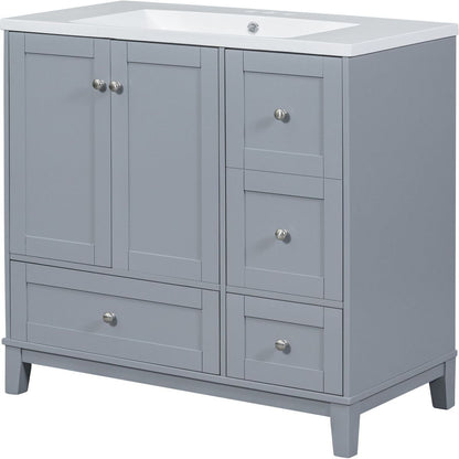 36 Inch Modern Bathroom Vanity with USB Charging, Two Doors and Three Drawers Bathroom Storage Vanity Cabinet with single top, Small Bathroom Vanity cabinet with sink, White & Gray Blue - Faucets Not