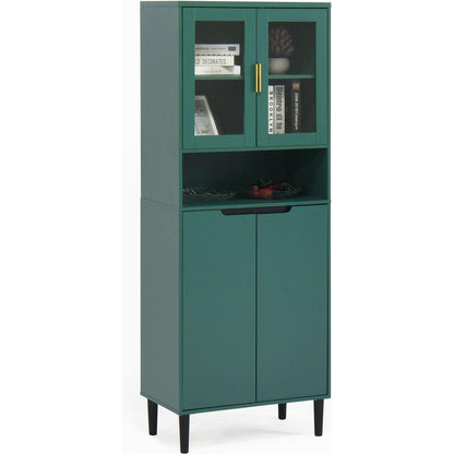 Tall Storage Show Cabinet with 2 Glass Display Door & 2 Doors, Tall Kitchen Pantry Cabinet with Gold Handles, Modern Cabinet Freestanding for Bathroom, Dining Living Room, Green