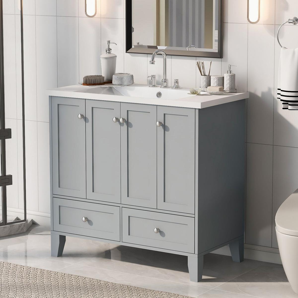 36" Bathroom Vanity with Resin Sink Combo,Solid Wood Frame Bathroom Storage Cabinet, Freestanding Vanity Set with 4 Soft Closing Doors& 2 Drawers