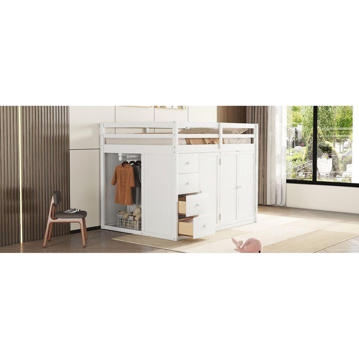 Full Size Wood Loft Bed With Built-in Wardrobes, Cabinets and Drawers, White