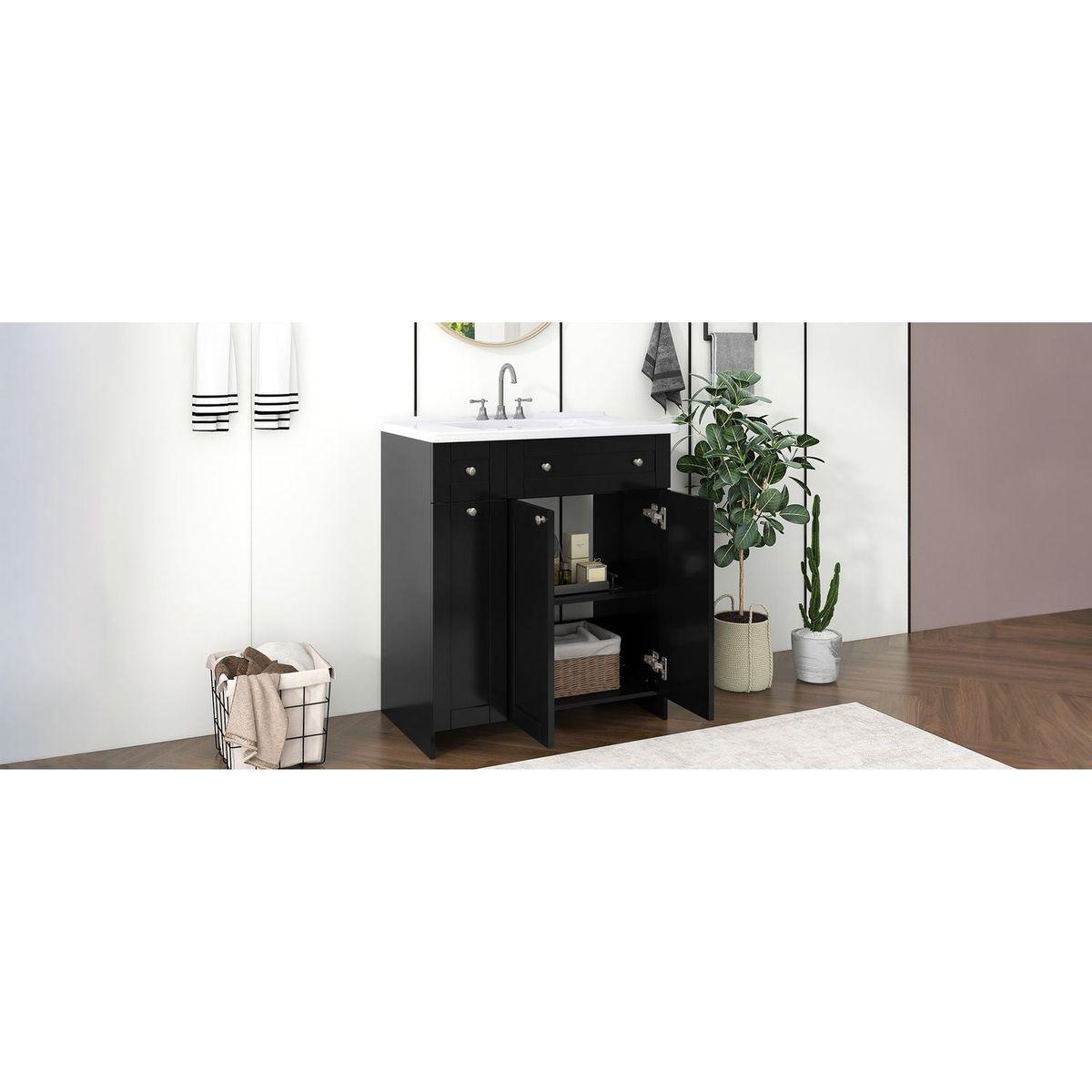 30-Inch Black Bathroom Vanity with Ceramic Sink Combo, Abundant Storage Cabinet - 2 Soft-close Doors and Double-tier Deep Drawer