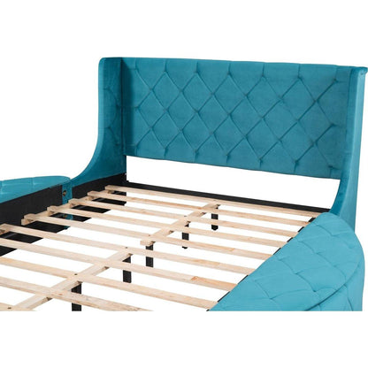 Upholstered Platform Bed Queen Size Storage Velvet Bed with Wingback Headboard and 1 Big Drawer,2 Side Storage Stool(Blue)