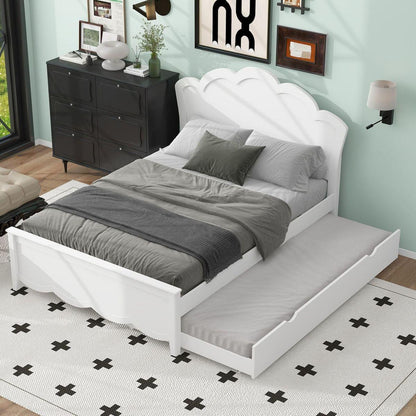 Full Size Wood Platform Bed with Headboard and Twin Size Trundle, White - Streamdale Furniture