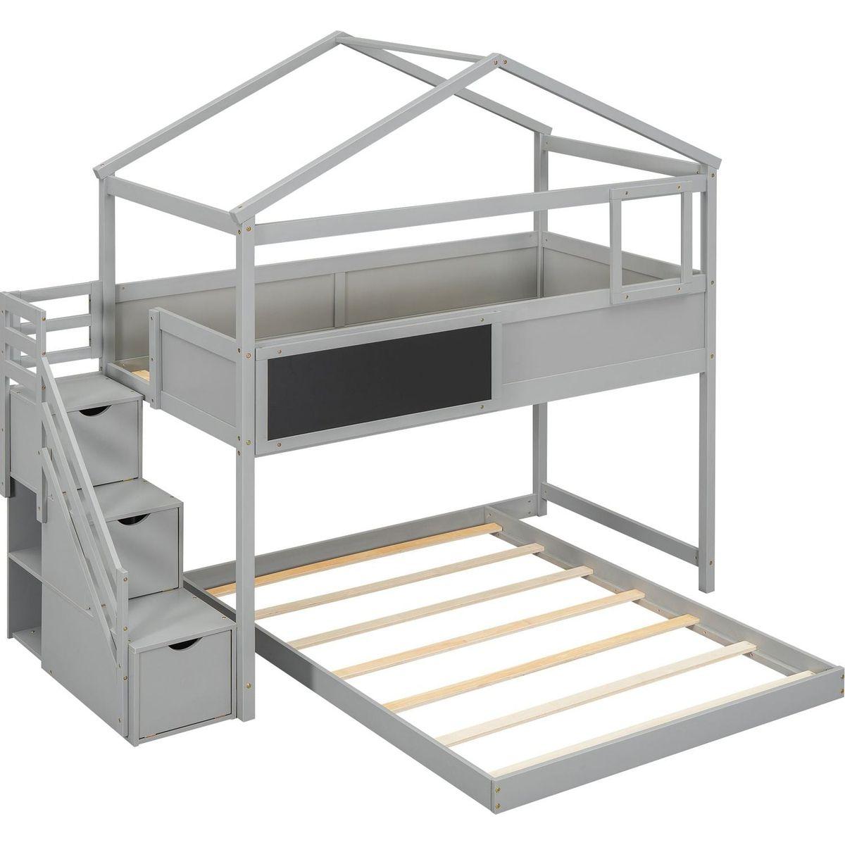 Twin over Full House Bunk Bed with Storage Staircase and Blackboard,Gray