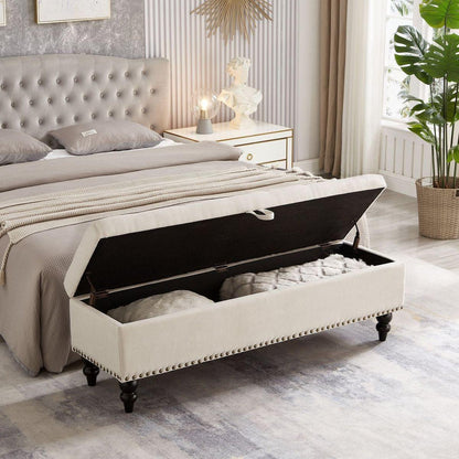 59" Bed Bench Ottoman with Storage Beige Fabric