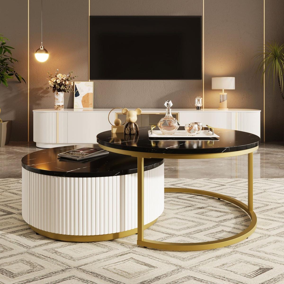Modern Round Nesting Coffee Table Fluted with Drawer in Black & Gold in 31.5"