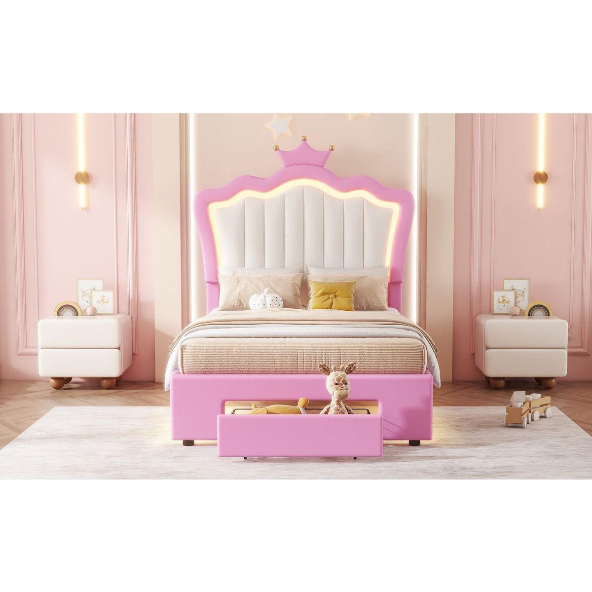 Twin Size Upholstered Bed Frame with LED Lights, Modern Upholstered Princess Bed with Crown Headboard, a Drawer, Pink+White