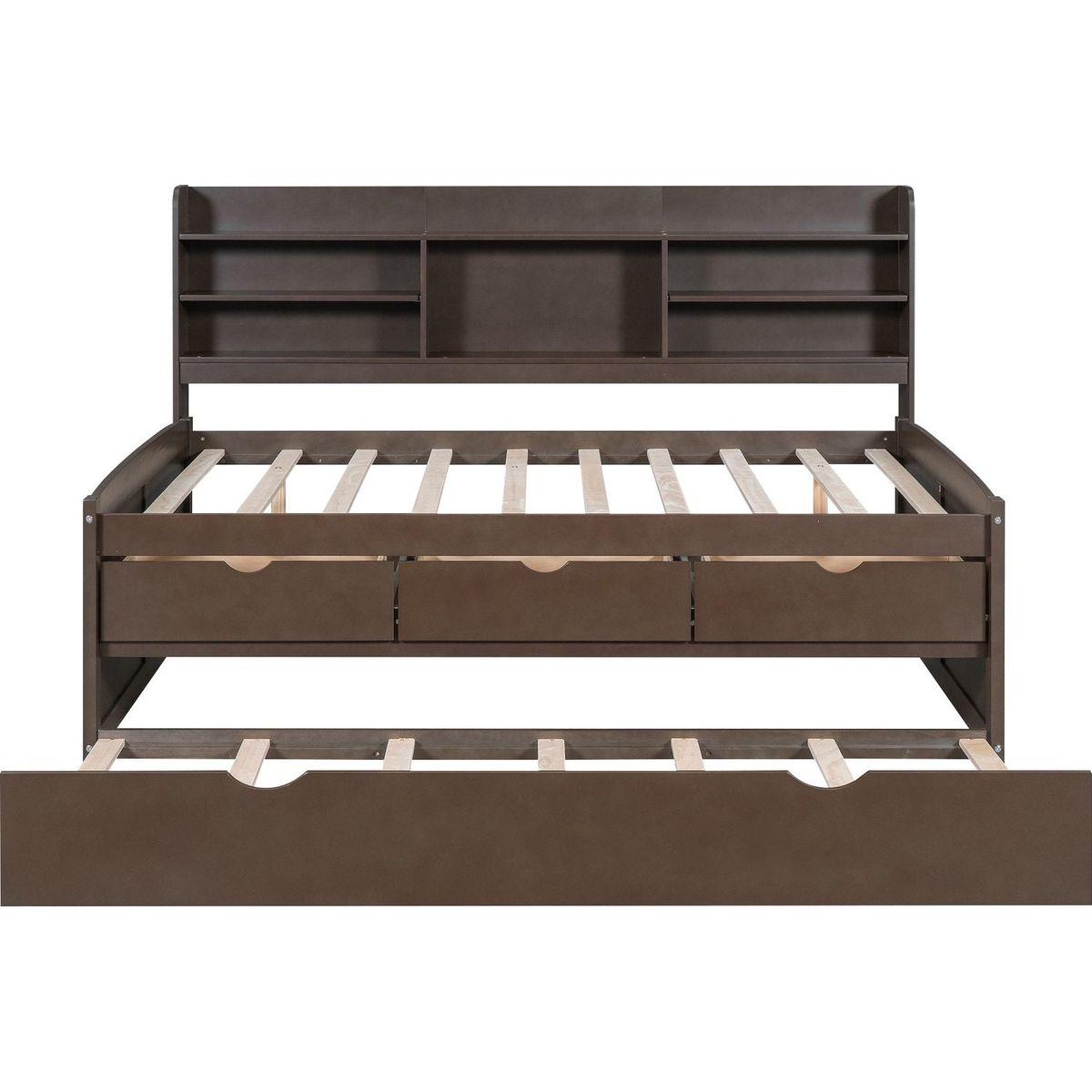 Full Size Wooden Captain Bed with Built-in Bookshelves,Three Storage Drawers and Trundle,Antique Grey - Streamdale Furniture